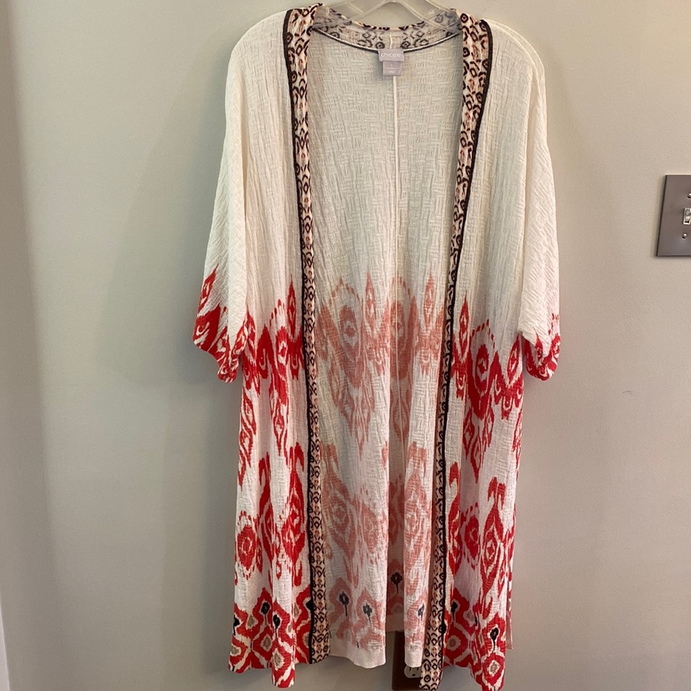 Chicos Long Coverup/Duster Aztec Pattern 3/4 sleeve SZ M Chicos 1 Lightweight